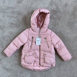 New Zara Girls Pink Hooded Puffer Jacket with Fleece Lining size 5